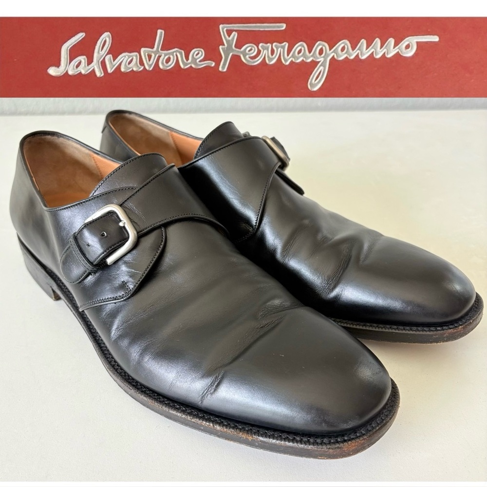 Salvatore Ferragamo Tramezza Black Leather Monk Strap Dress Oxford Mens Size 13